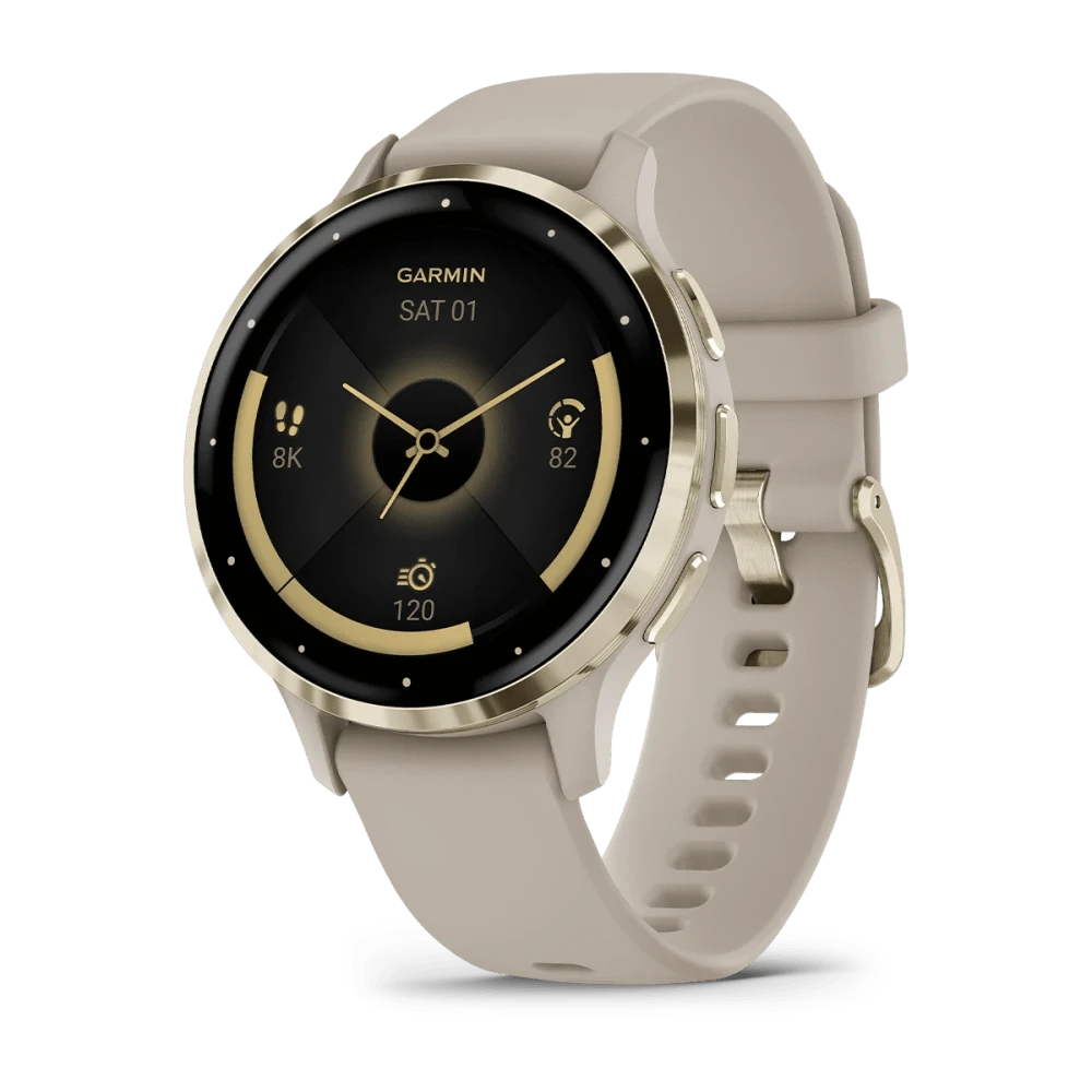 Garmin Venu 3S, Soft Gold Stainless Steel Bezel with French Grey Case and Silicone Band