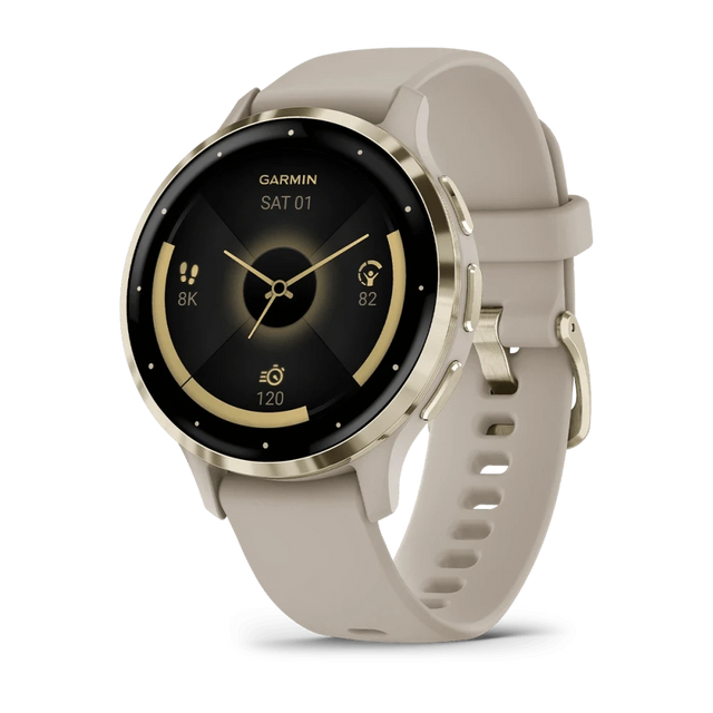 Garmin Venu 3S, Soft Gold Stainless Steel Bezel with French Grey Case and Silicone Band