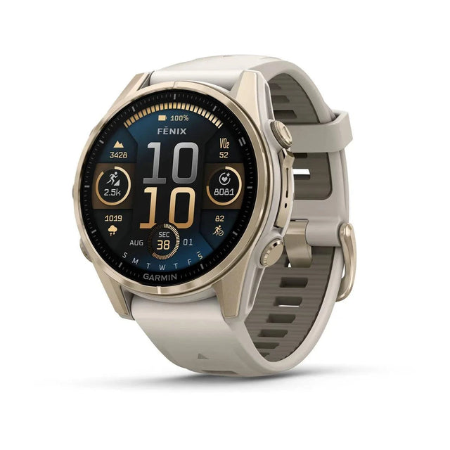 fenix 8 – 43 mm, AMOLED Sapphire, Soft Gold with Fog Grey/Dark Sandstone Silicone Band