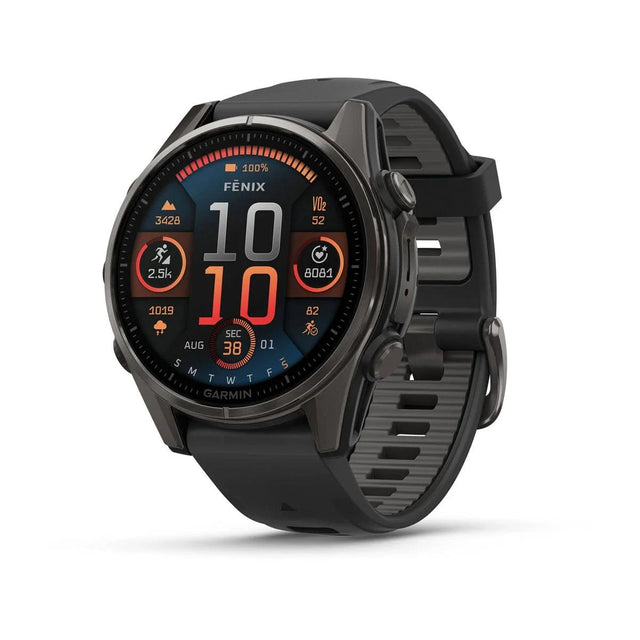 fenix 8 – 43 mm, AMOLED Sapphire, Carbon Grey DLC Titanium with Black/Pebble Grey Silicone Band