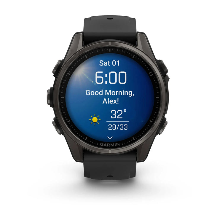 fenix 8 – 43 mm, AMOLED Sapphire, Carbon Grey DLC Titanium with Black/Pebble Grey Silicone Band