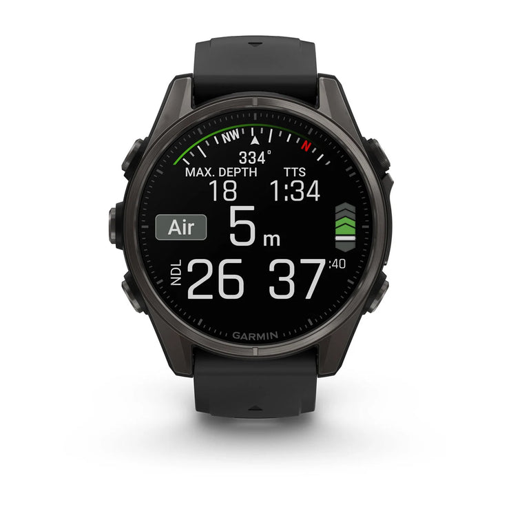 fenix 8 – 43 mm, AMOLED Sapphire, Carbon Grey DLC Titanium with Black/Pebble Grey Silicone Band