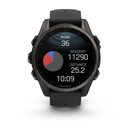 fenix 8 – 43 mm, AMOLED Sapphire, Carbon Grey DLC Titanium with Black/Pebble Grey Silicone Band