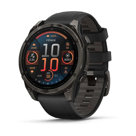 fenix 8 – 47 mm, AMOLED Sapphire, Carbon Grey DLC Titanium with Black/Pebble Grey Silicone Band