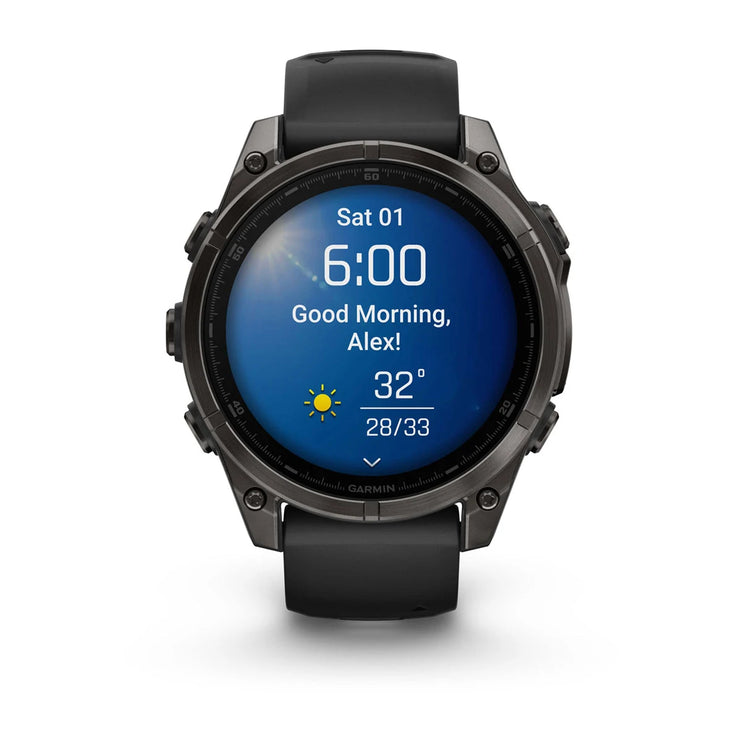 fenix 8 – 47 mm, AMOLED Sapphire, Carbon Grey DLC Titanium with Black/Pebble Grey Silicone Band