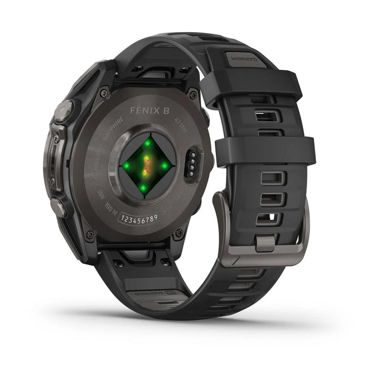 fenix 8 – 47 mm, AMOLED Sapphire, Carbon Grey DLC Titanium with Black/Pebble Grey Silicone Band