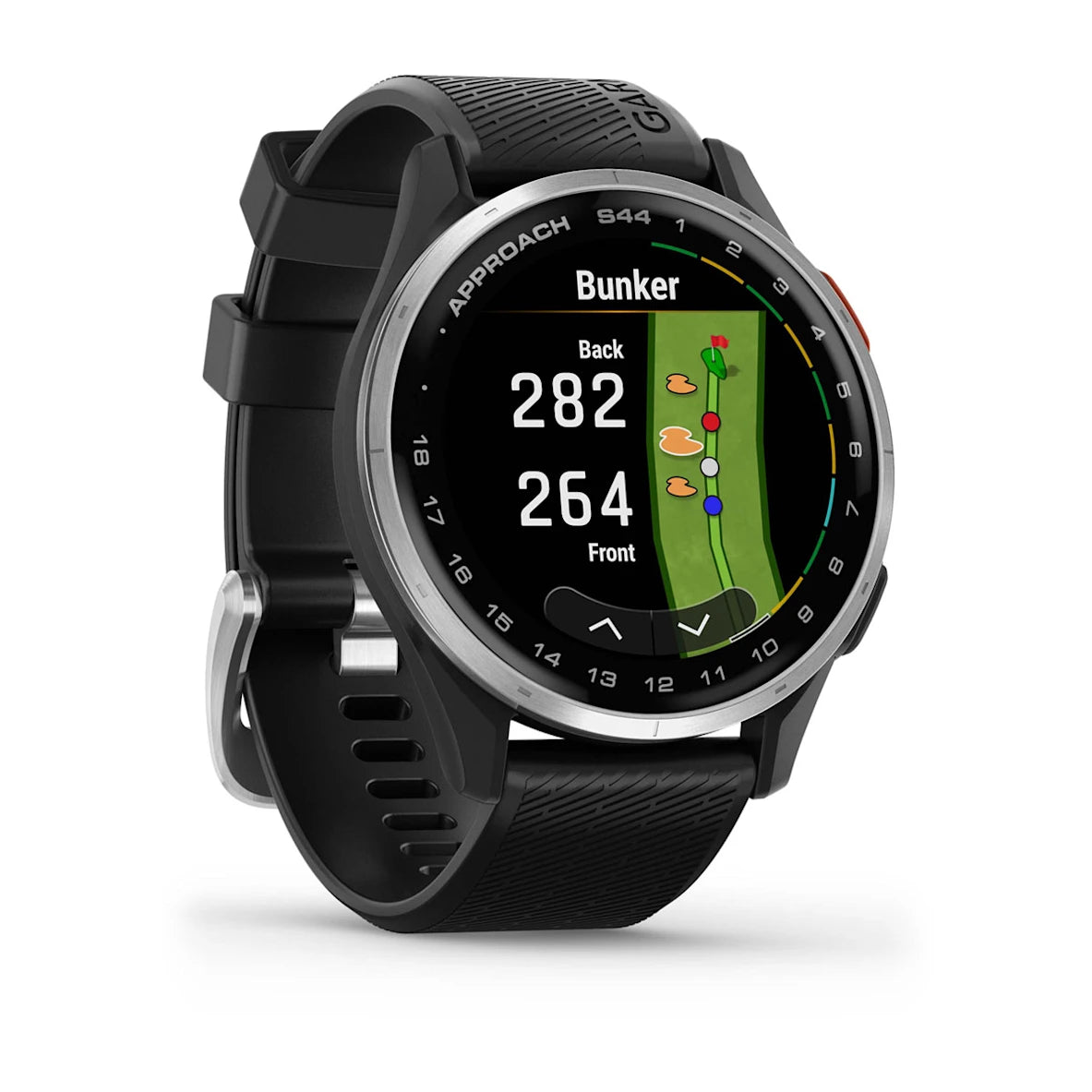 Garmin Approach S44 Silver Aluminium Bezel with Black Silicone Band